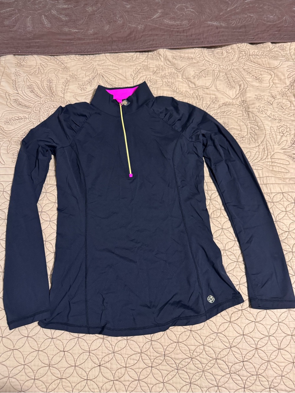 Lilly Pulitzer Black Long-Sleeve Golf Top with Pink Collar and Gold Zipper
